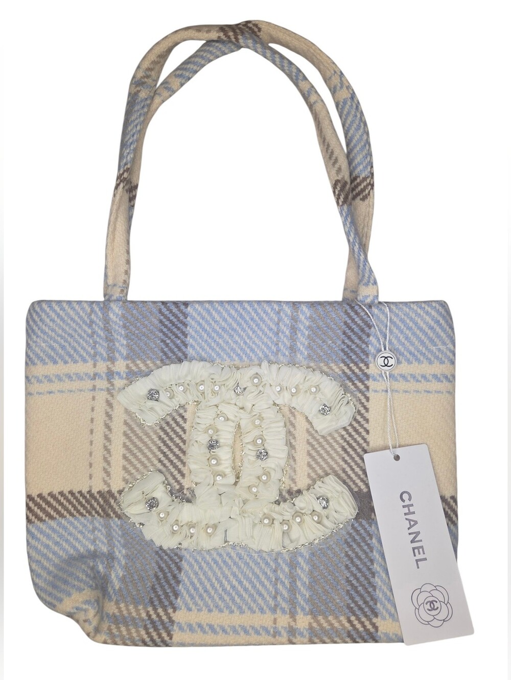 CC Plaid Beige and Light Blue Tote With Embelishment